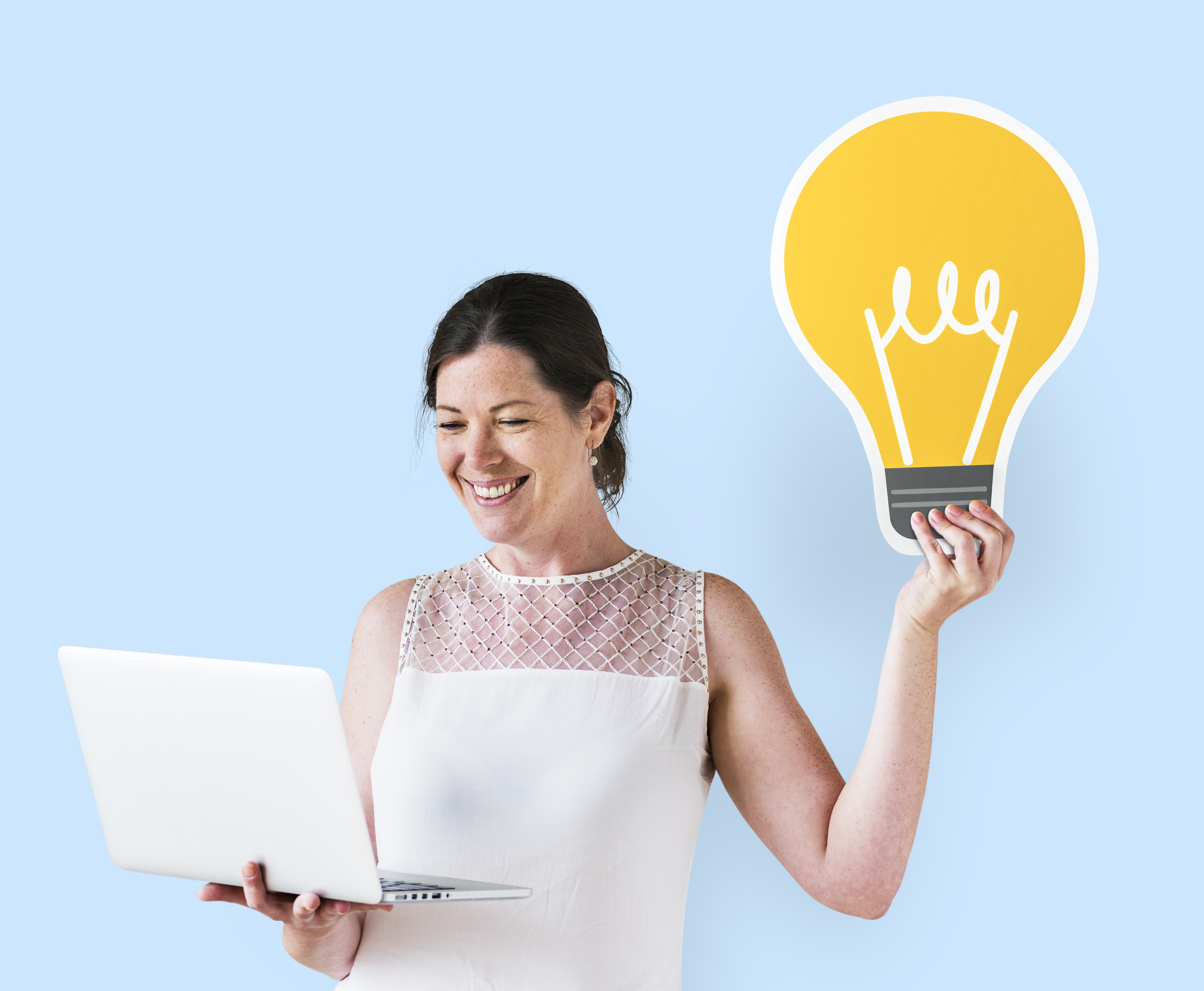 Woman holding idea icon using laptop
